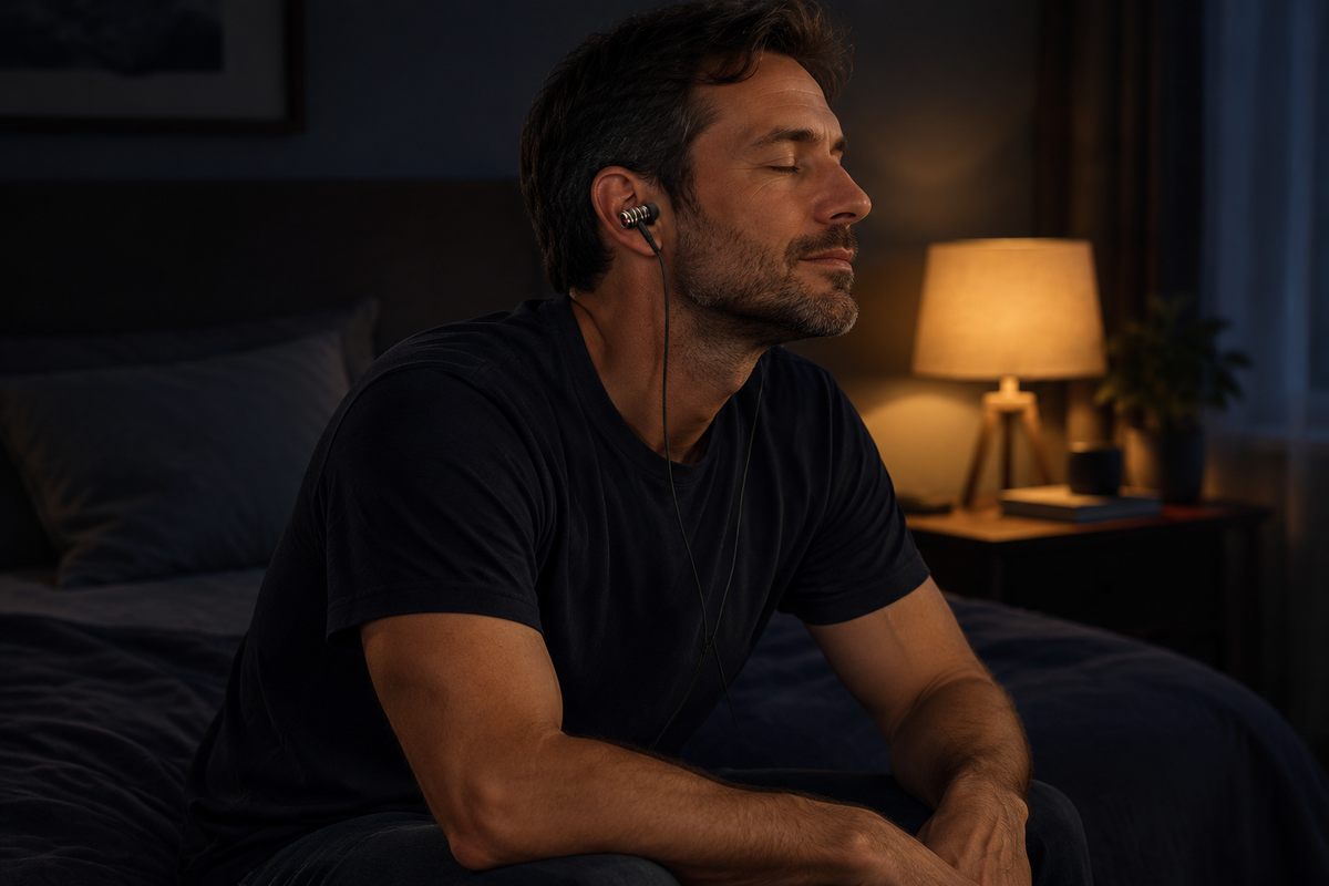 Man sitting on the edge of his bed at night wearing QuietBeam X