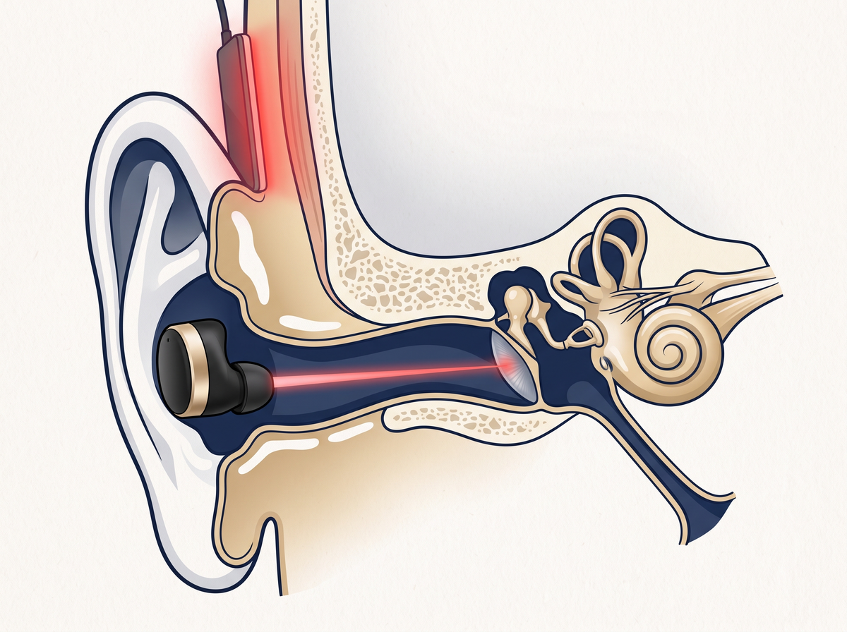 Cutaway of the ear: in-ear light reaches the eardrum, a panel stops at the skull