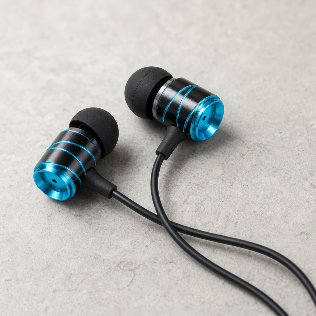 QuietBeam X in Sapphire Blue — two earbuds on grey stone