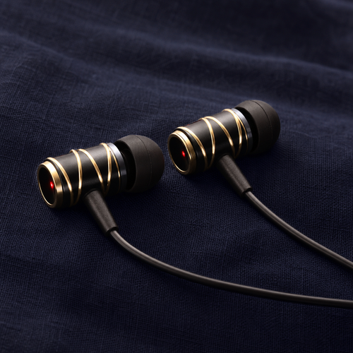 QuietBeam X in Champagne Gold — two earbuds on navy linen